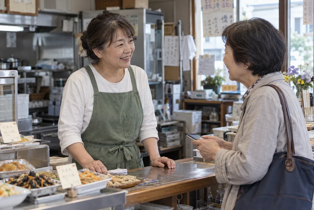 惣菜店の店主と近所のお客さんが会話する利用イメージ