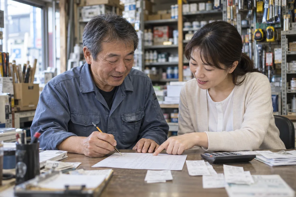 店主と相談相手が一緒に支出を確認する利用イメージ