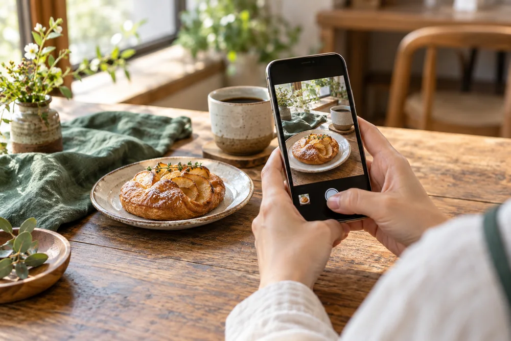 スマートフォンでお店の焼き菓子を撮影するイメージ